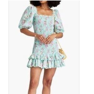ByTimo Blue Floral Puff Sleeve Smocked Ruffle Poplin Camelia Mini Dress M